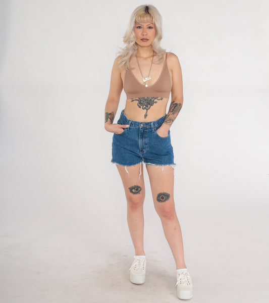 Y2K L.L.Bean Dark Wash Denim Cutoff Shorts High Rise Frayed Blue Medium