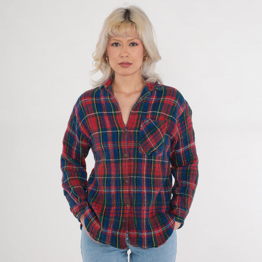 90s Boom Clothing Plaid Button Up Blouse Blue Red Checkered Cotton Small S