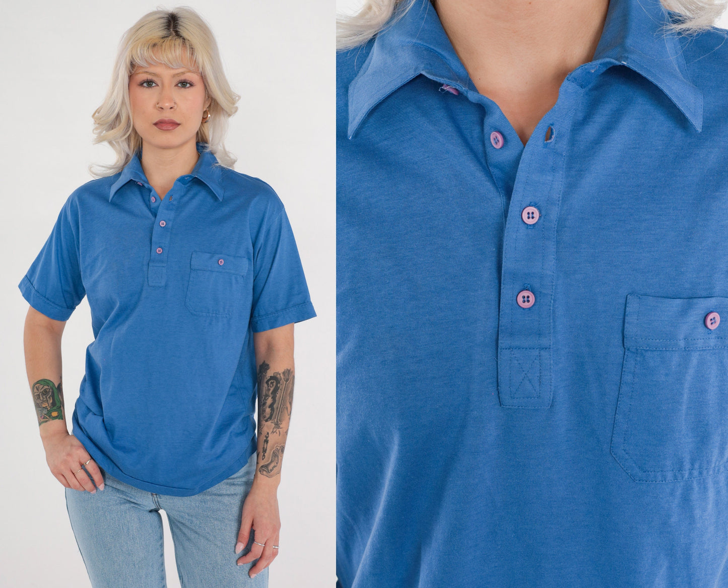 80s Blue Polo Shirt Cotton Button-Up Short Sleeve Collared Medium