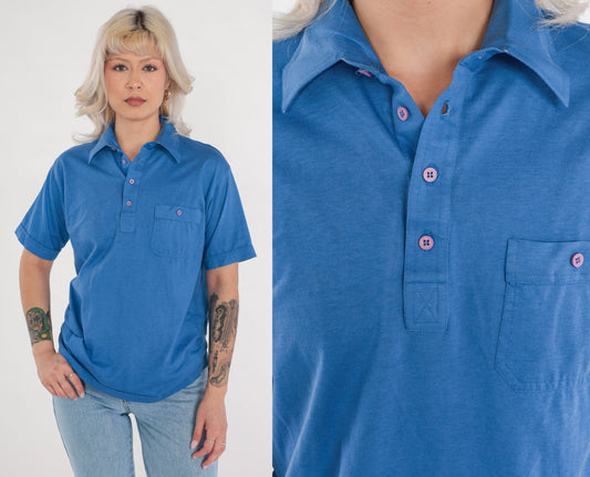 80s Blue Polo Shirt Cotton Button-Up Short Sleeve Collared Medium