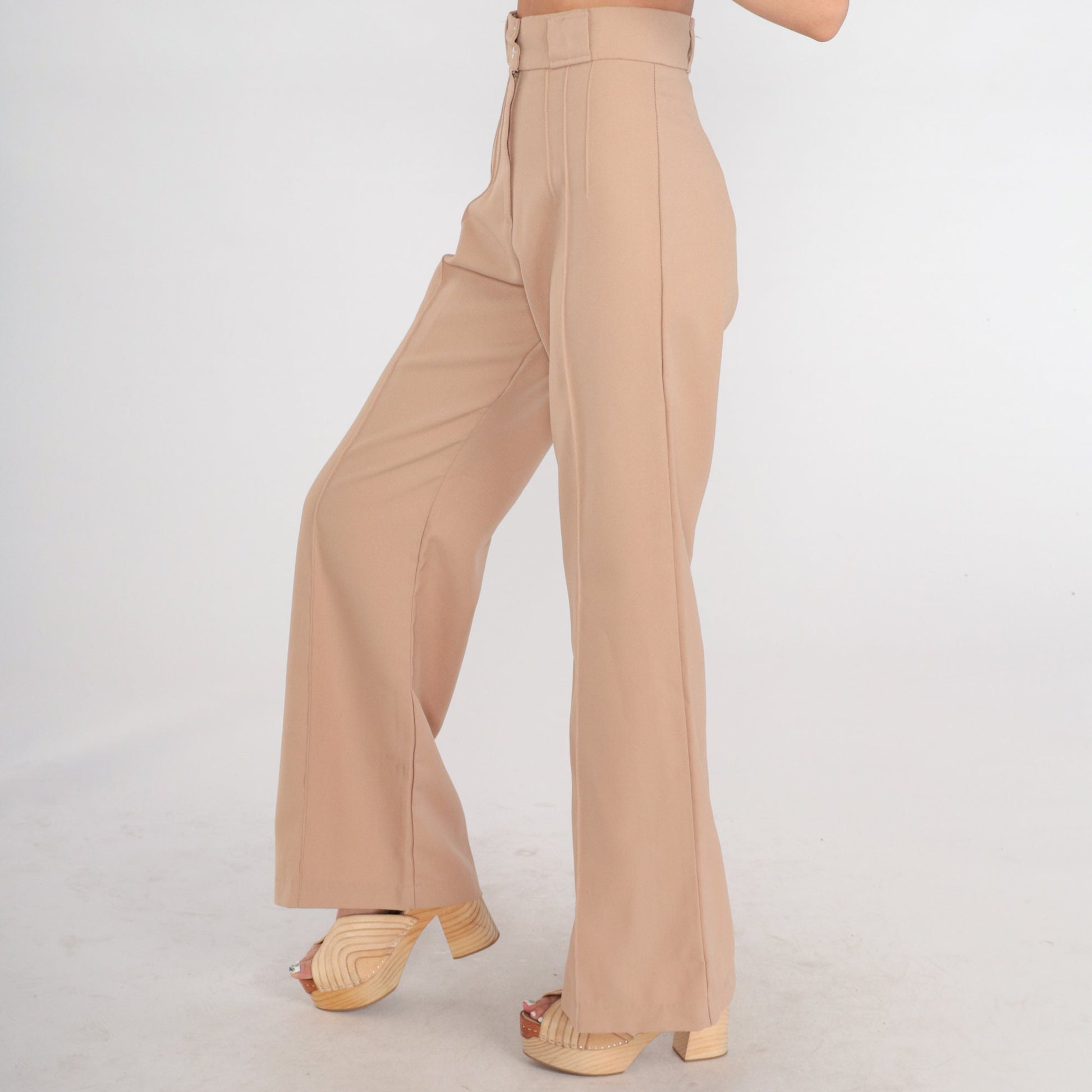 70s Tan Wide Leg High Rise Trousers Creased Straight Pants Extra Small