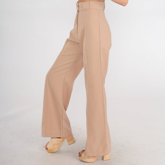 70s Tan Wide Leg High Rise Trousers Creased Straight Pants Extra Small