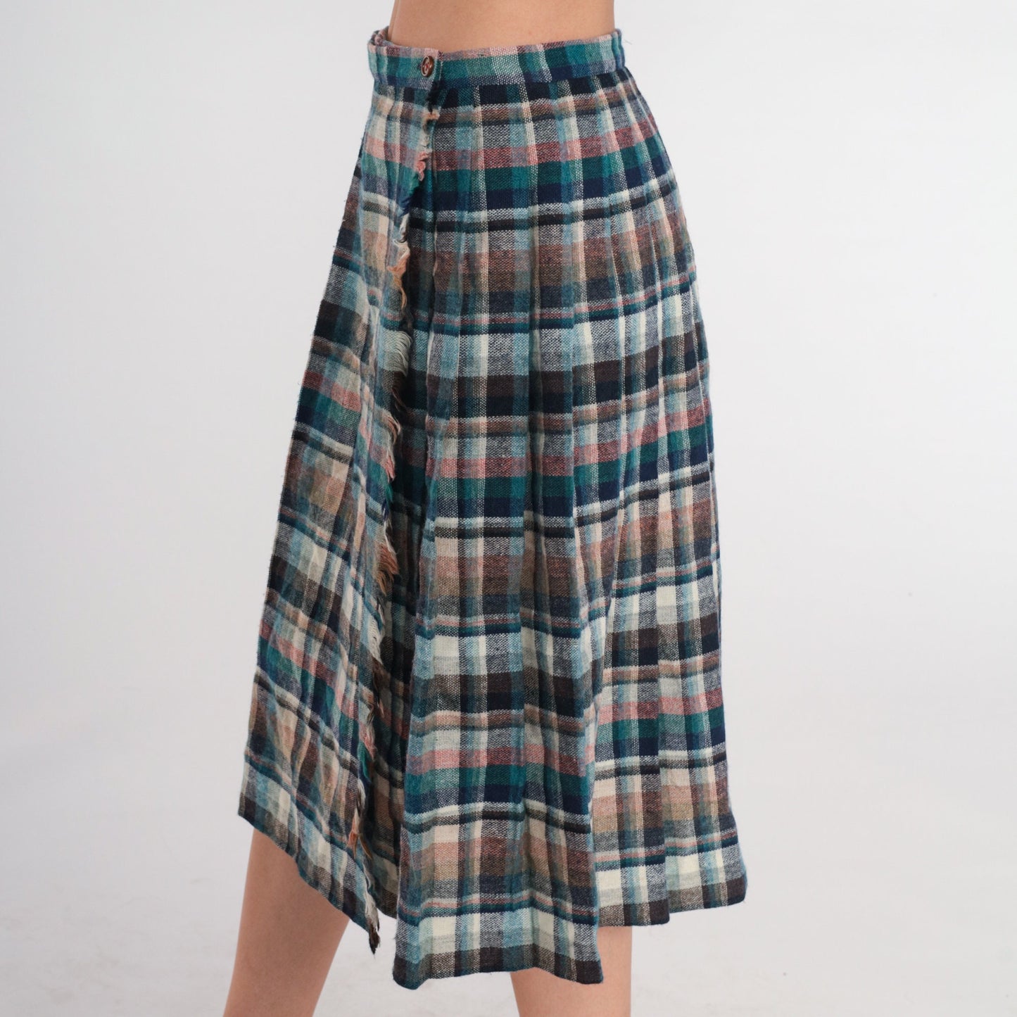80s Plaid Wool Blend Midi Skirt High Waist Pleated Blue Green Small