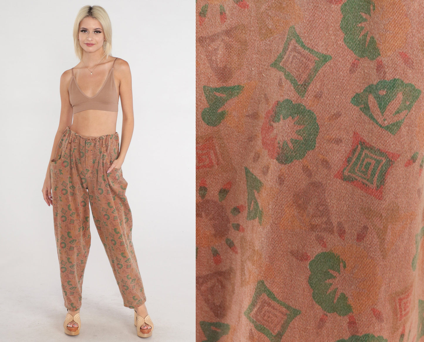 90s Parachute Pants Brown Geometric High Waist Baggy Tapered Small Medium