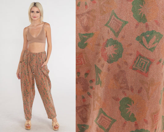 90s Parachute Pants Brown Geometric High Waist Baggy Tapered Small Medium