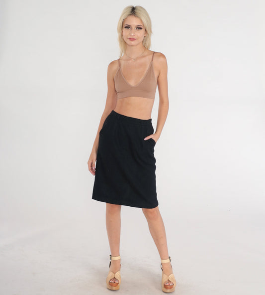 90s Black Wool Pencil Mini Skirt High Waist Rear Zip Extra Small