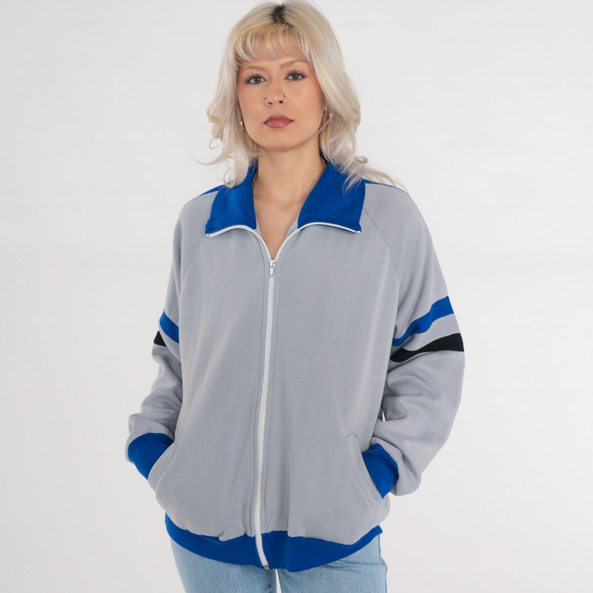 80s Grey Track Jacket Blue Black Striped Zip Up Sweatshirt Large