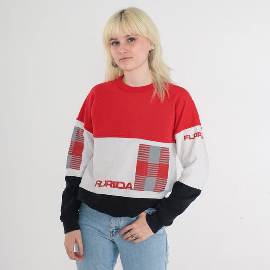 80s Florida Sweatshirt Color Block Raglan Crewneck Red White Black Large L