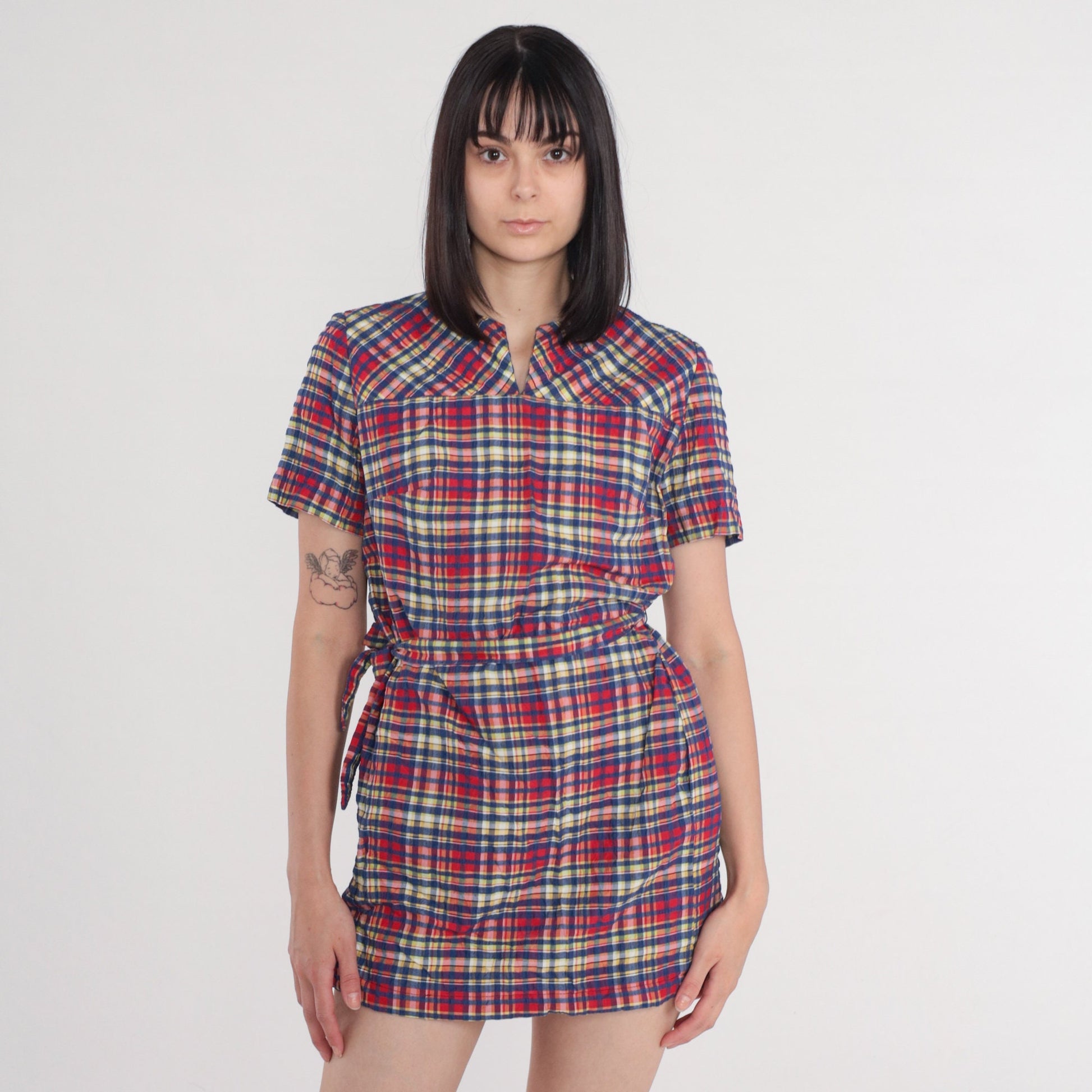60s Plaid Mini Dress High Waisted Mod Red Blue Checkered Medium M