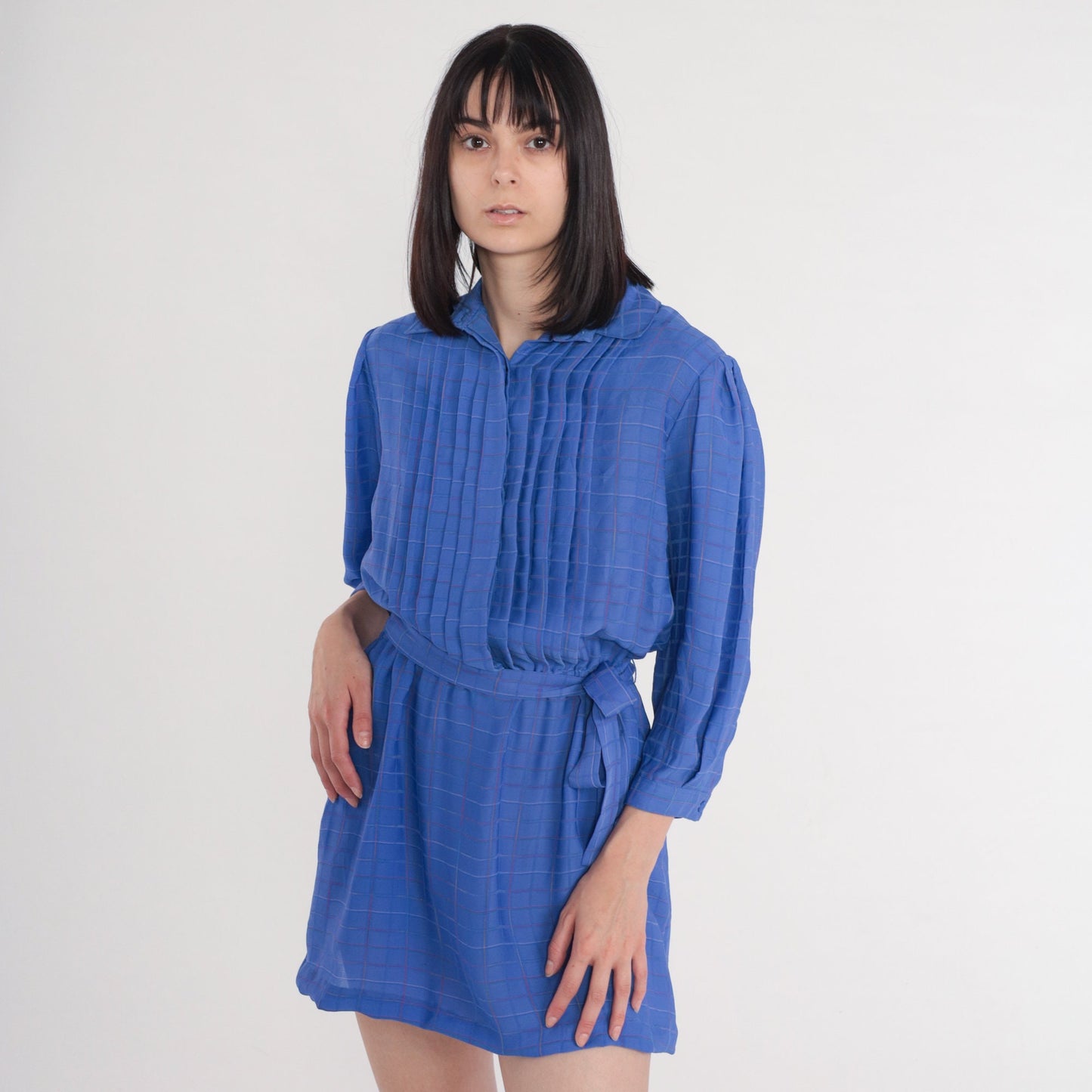 70s Ms Chaus Blue Checkered Mini Dress High Waist Pleated Button Up Medium Large