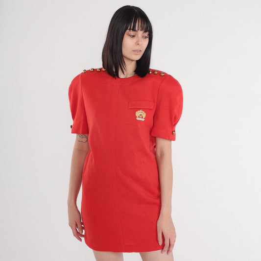 80s Leslie Fay Red Mini Dress Puff Sleeve Gold Buttons Sparkly Crest Patch Large