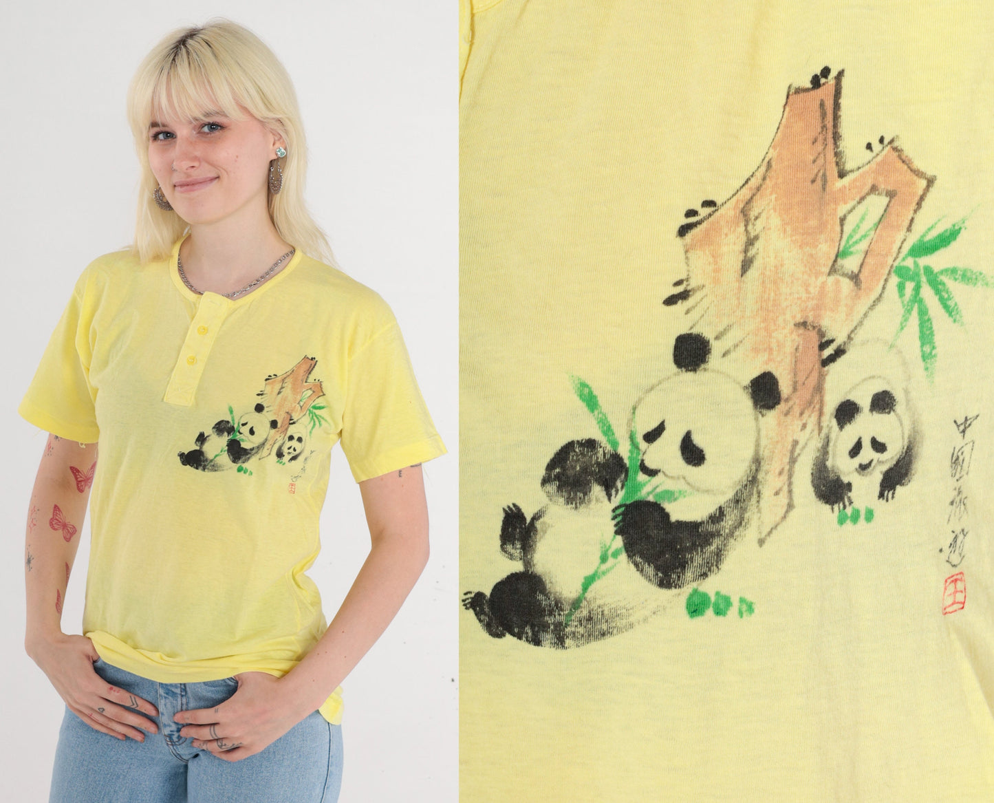 80s Panda Graphic Henley T-Shirt Yellow Cotton Painted Animal Tee Small S