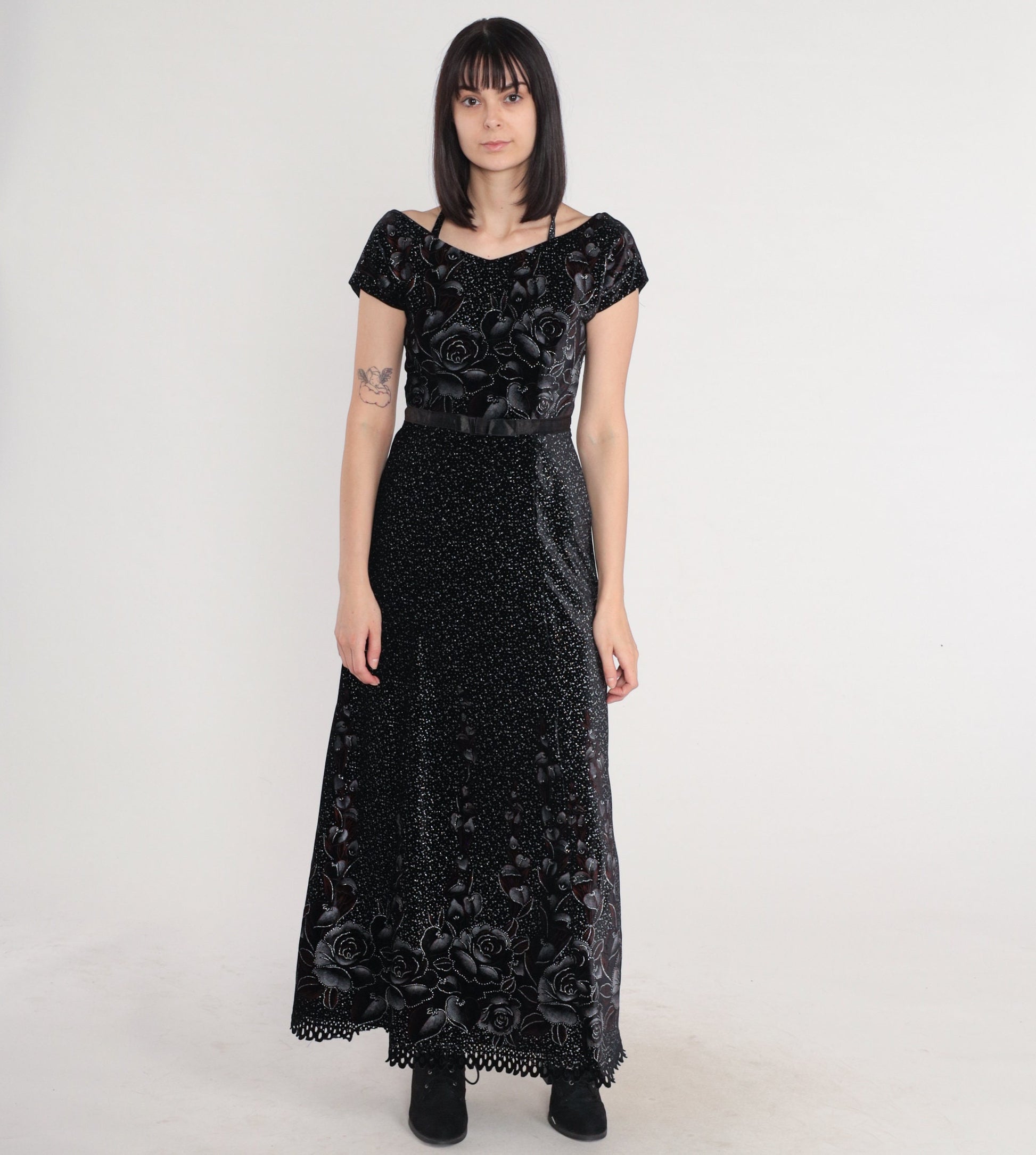 80s Black Velvet Maxi Dress Sparkly Floral Rose Print High Waisted Small