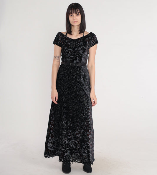 80s Black Velvet Maxi Dress Sparkly Floral Rose Print High Waisted Small