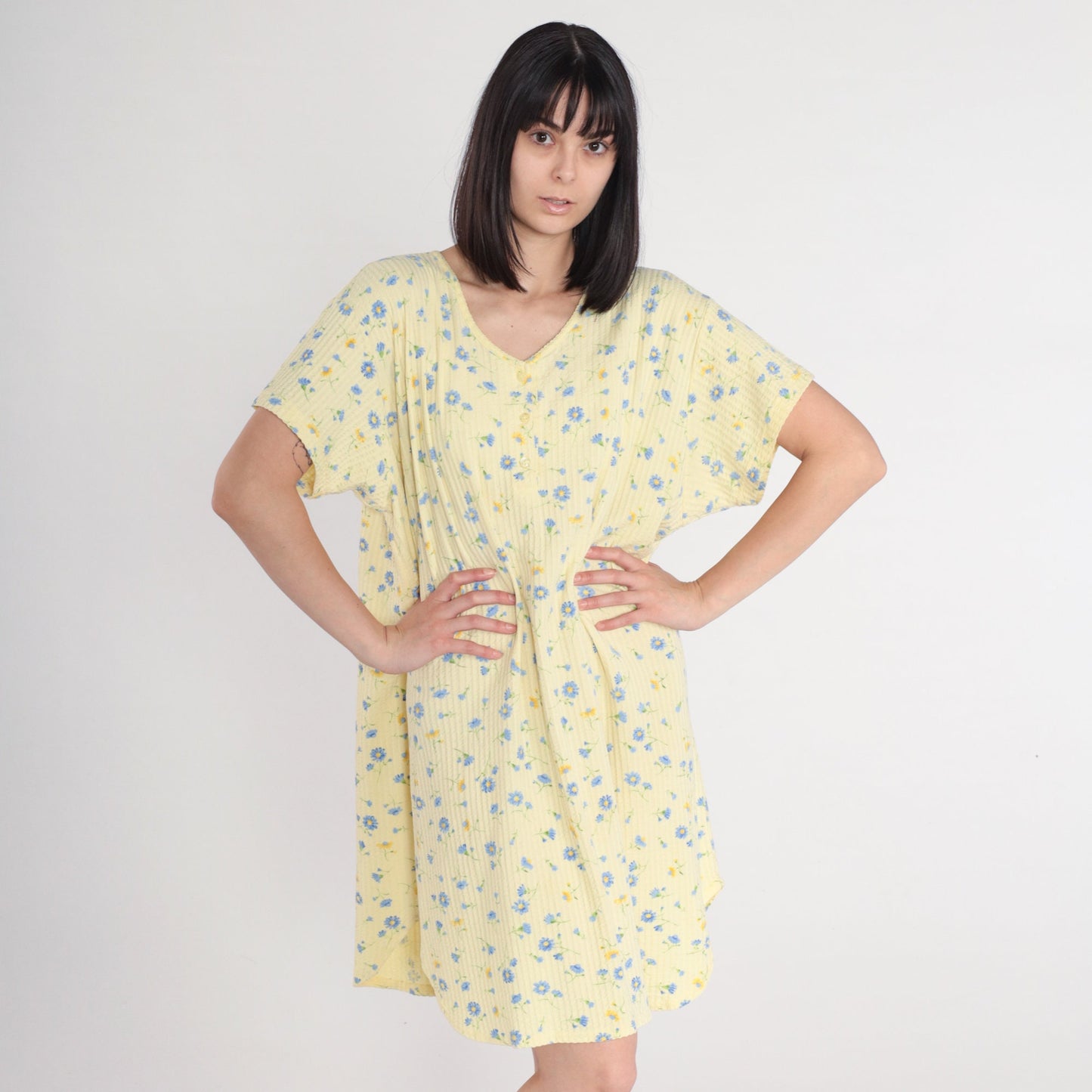 00s Yellow Floral Mini Dress Plus Size XXL Button-Up Short Sleeve