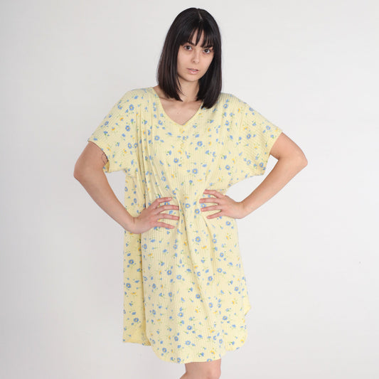 00s Yellow Floral Mini Dress Plus Size XXL Button-Up Short Sleeve