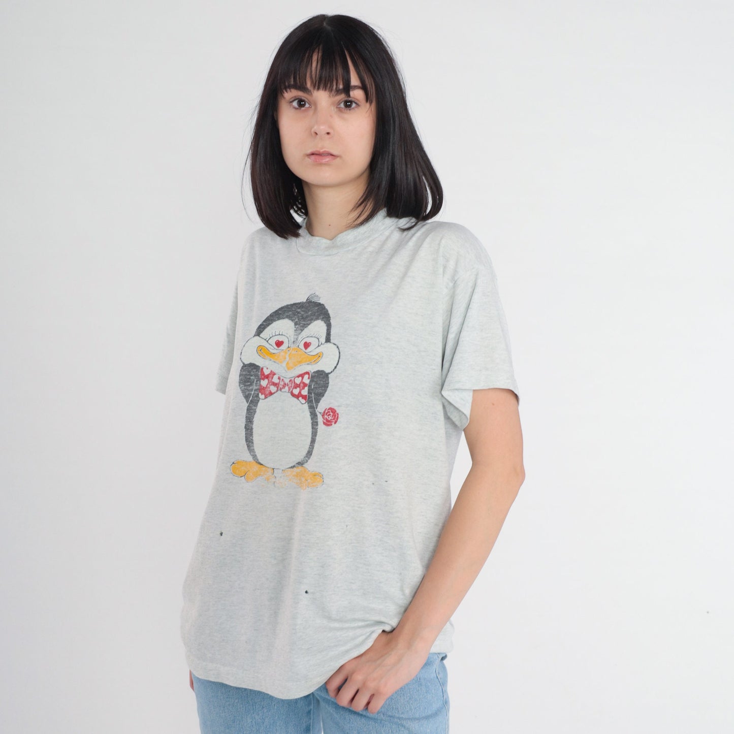 90s Penguin Graphic T-Shirt Heart Rose Cartoon Grey Single Stitch Extra Large XL