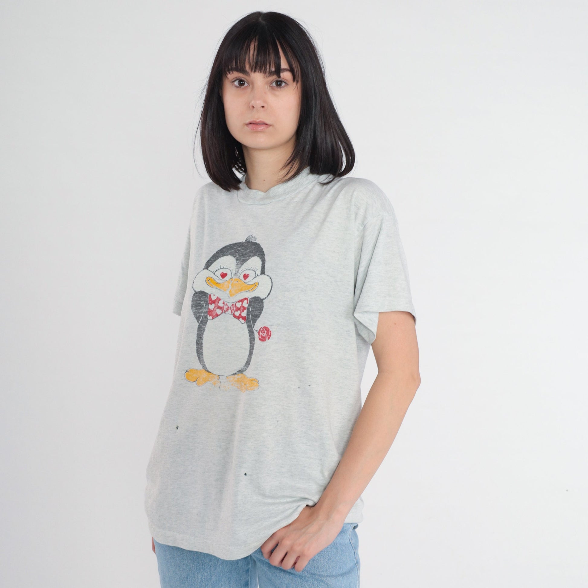 90s Penguin Graphic T-Shirt Heart Rose Cartoon Grey Single Stitch Extra Large XL