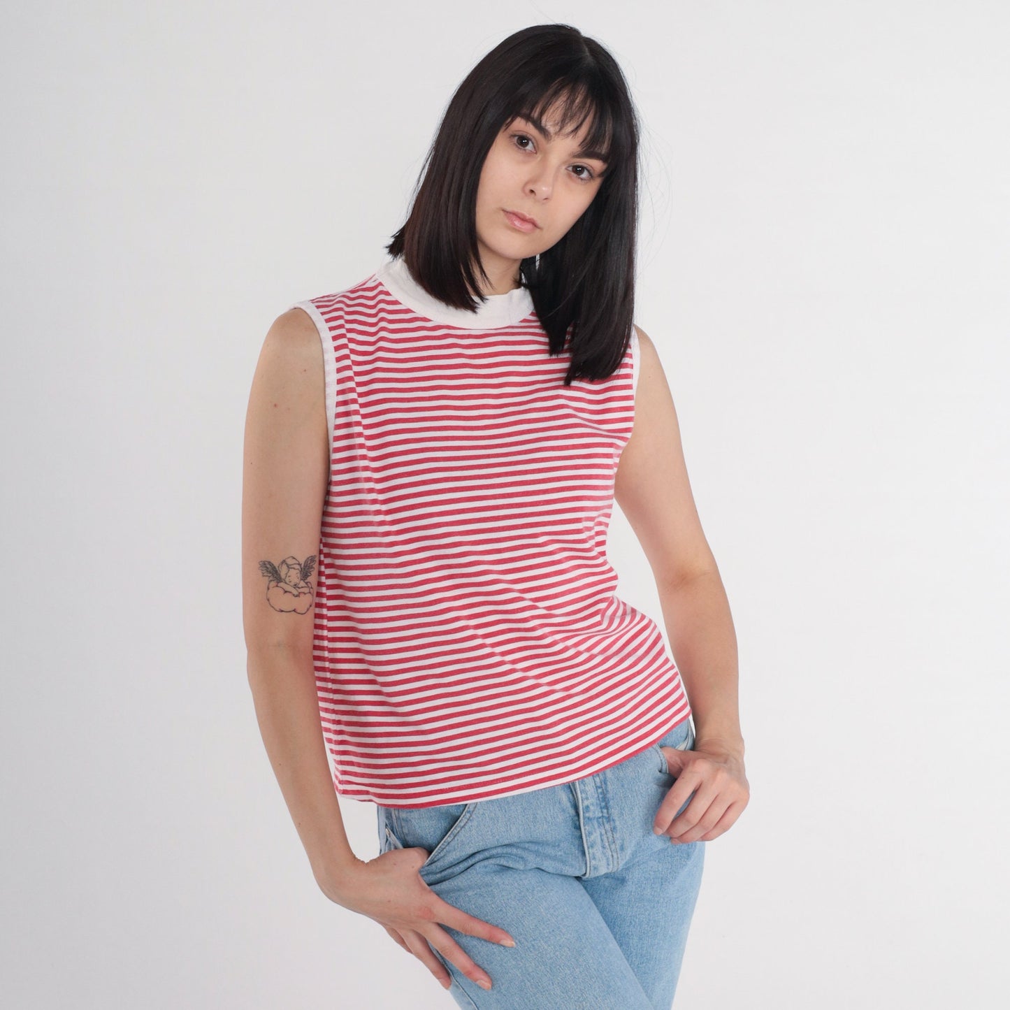 90s La Playa Striped Tank Top Mock Neck Ringer Tee Red White Large