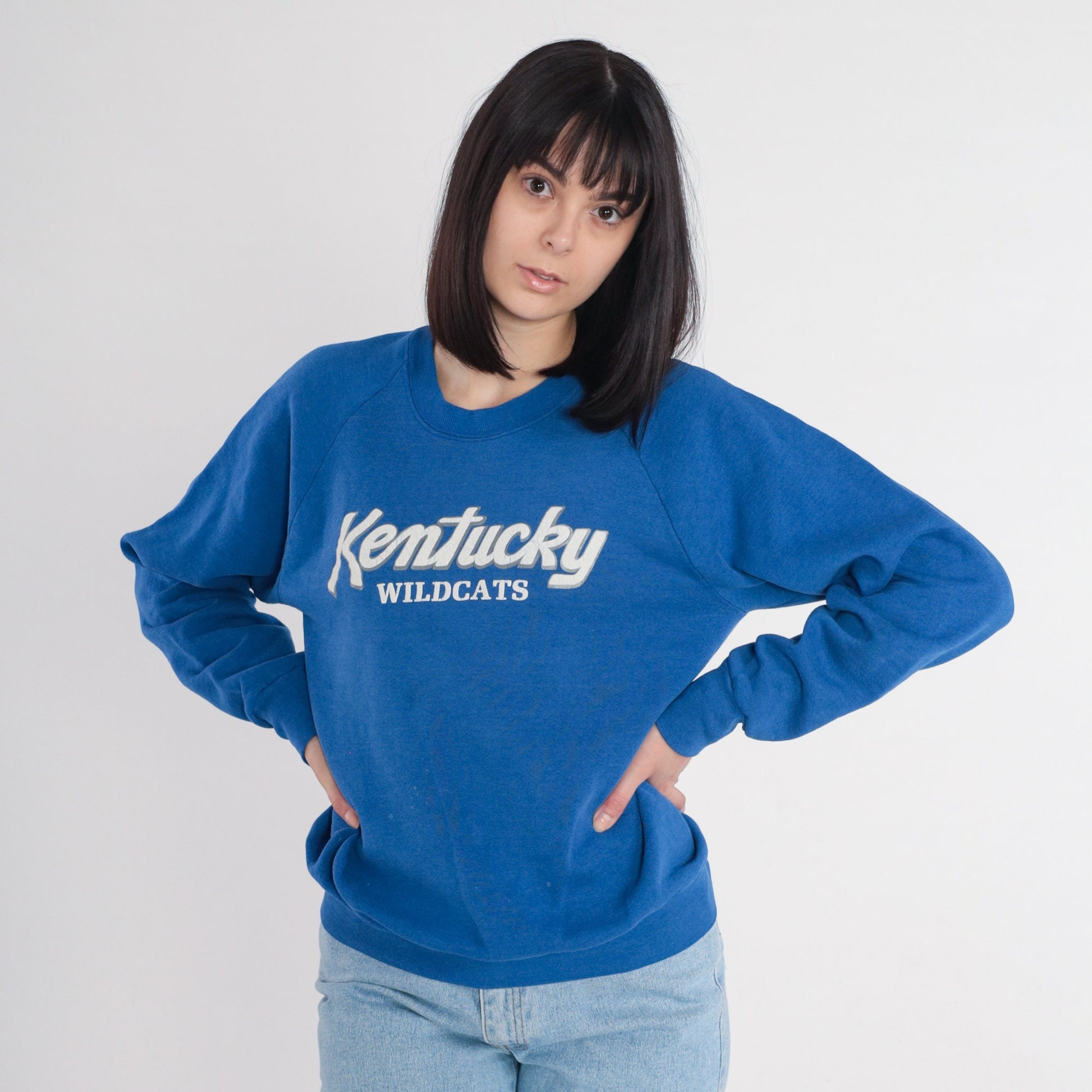 90s Kentucky Wildcats NCAA Basketball Sweatshirt Blue Raglan Large L