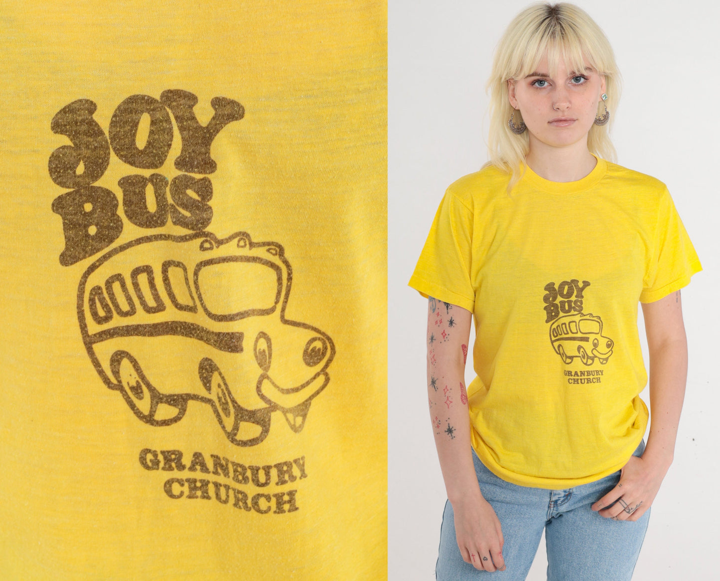 80s Granbury Church Joy Bus Graphic T-Shirt Yellow Christian Tee Medium