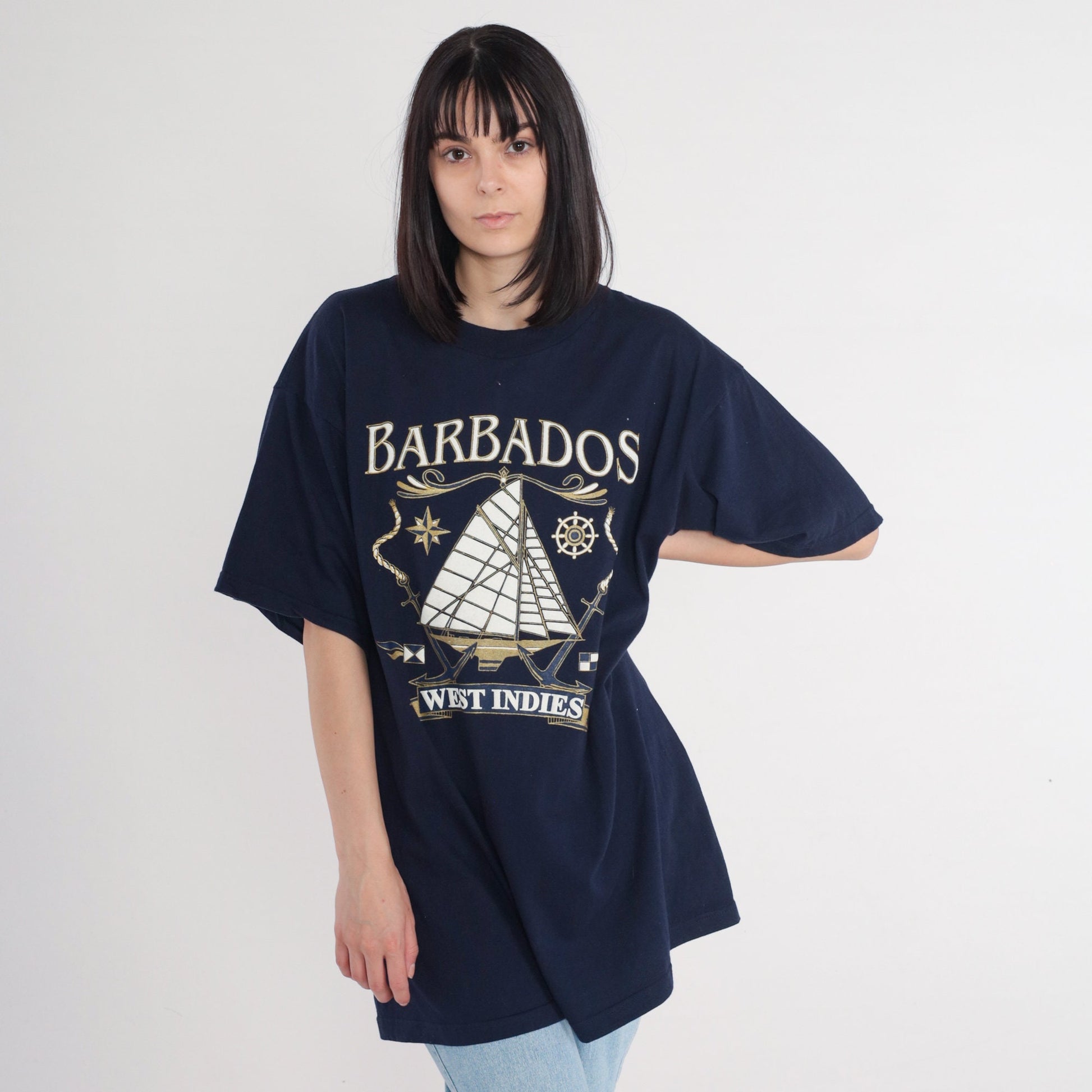 90s Barbados West Indies Sailboat Graphic T-Shirt Navy Cotton XXL