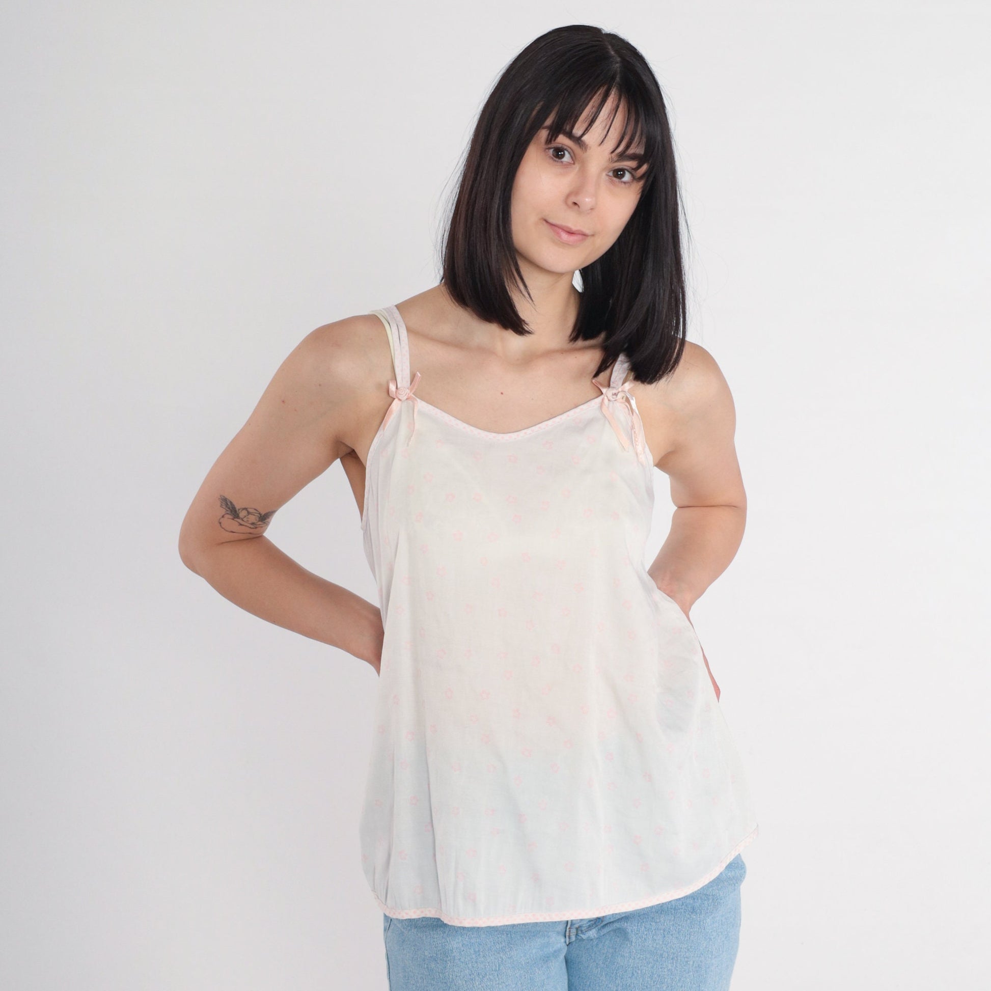 80s White Floral Camisole Pink Ditsy Print Spaghetti Strap Tank Small