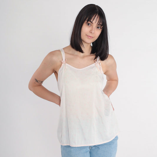 80s White Floral Camisole Pink Ditsy Print Spaghetti Strap Tank Small