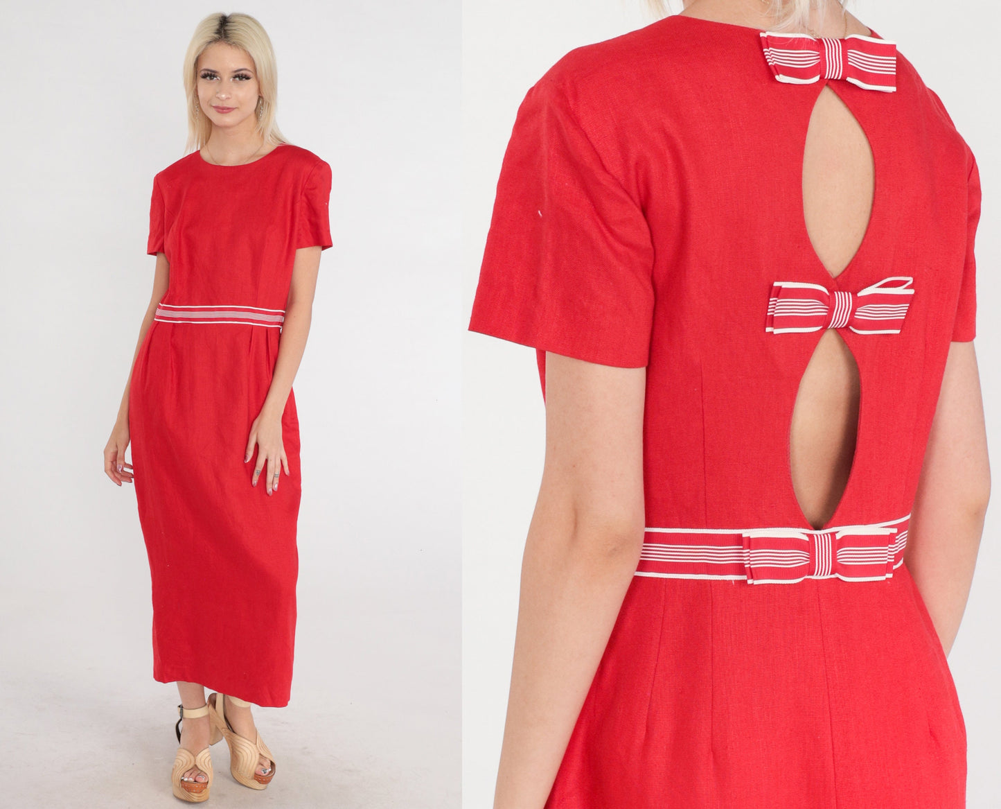 00s Red Linen Midi Dress Keyhole Cutout Bow Short Sleeve Small 6