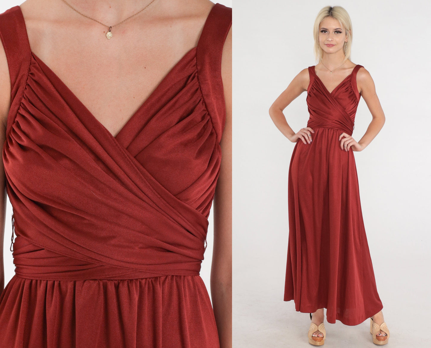 70s Rust Red Maxi Dress Deep V Wrap Bodice High Waisted Small