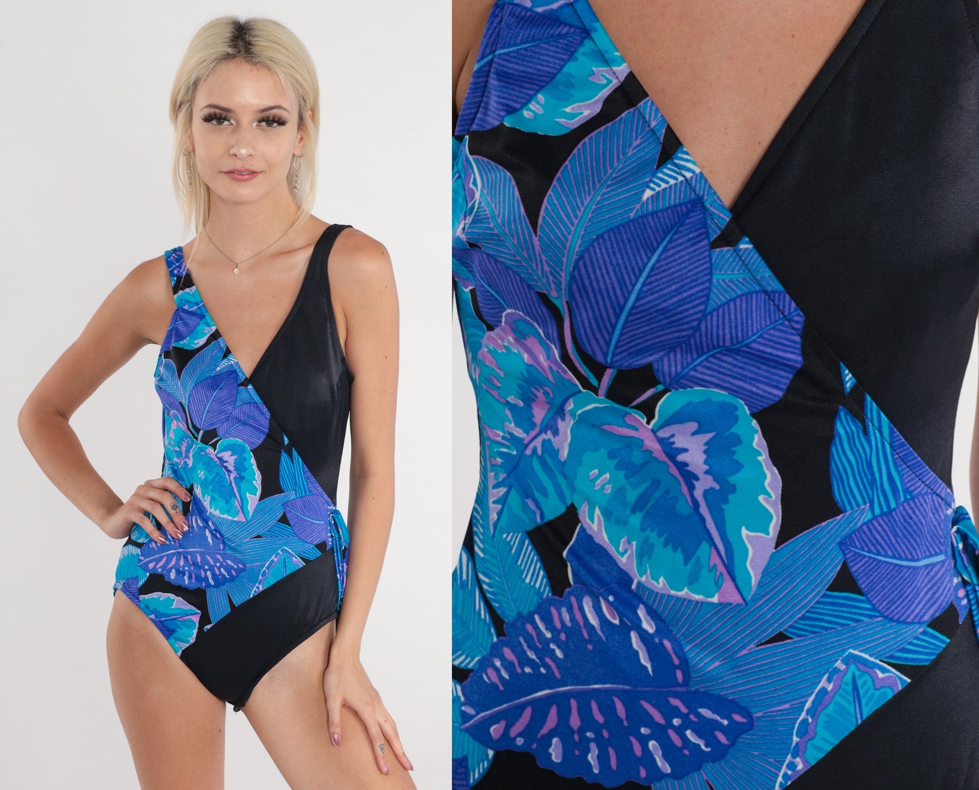 90s Tropical Leaf Print Bodysuit Tank V-Neck Small