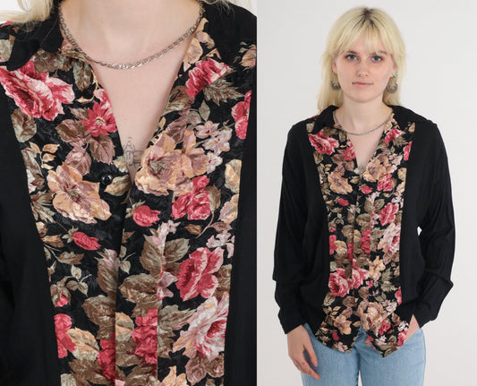 90s Black Rose Floral Button-Up Blouse Long Sleeve Medium