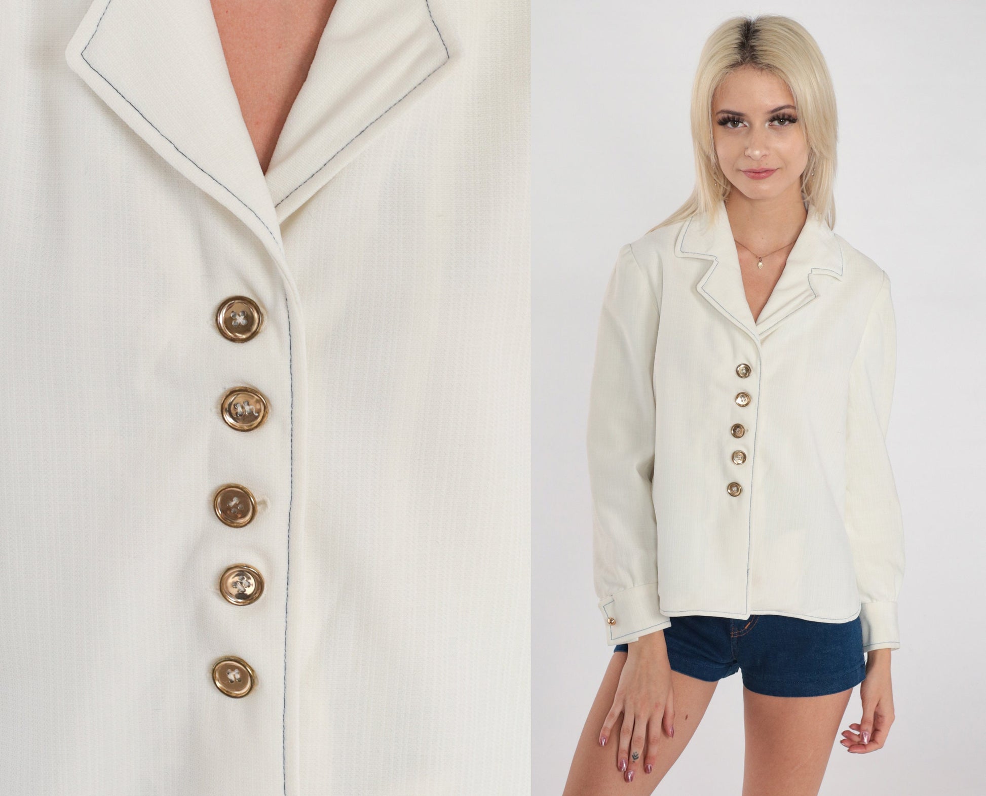 70s White Button-Up Blouse Notched Collar Long Sleeve Small