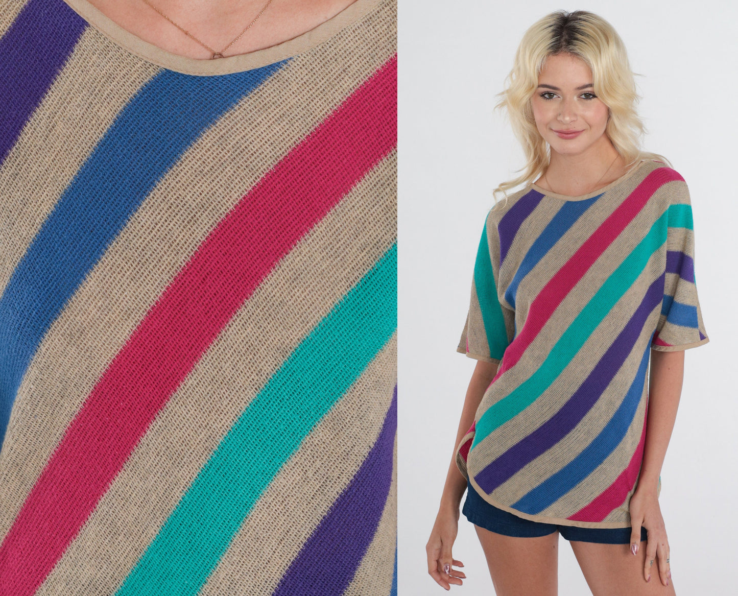 80s Striped Woven Blouse Half Sleeve Cotton Top Multicolor Small S