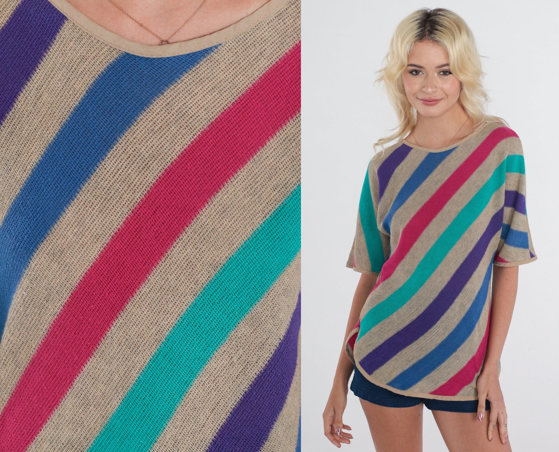 80s Striped Woven Blouse Half Sleeve Cotton Top Multicolor Small S