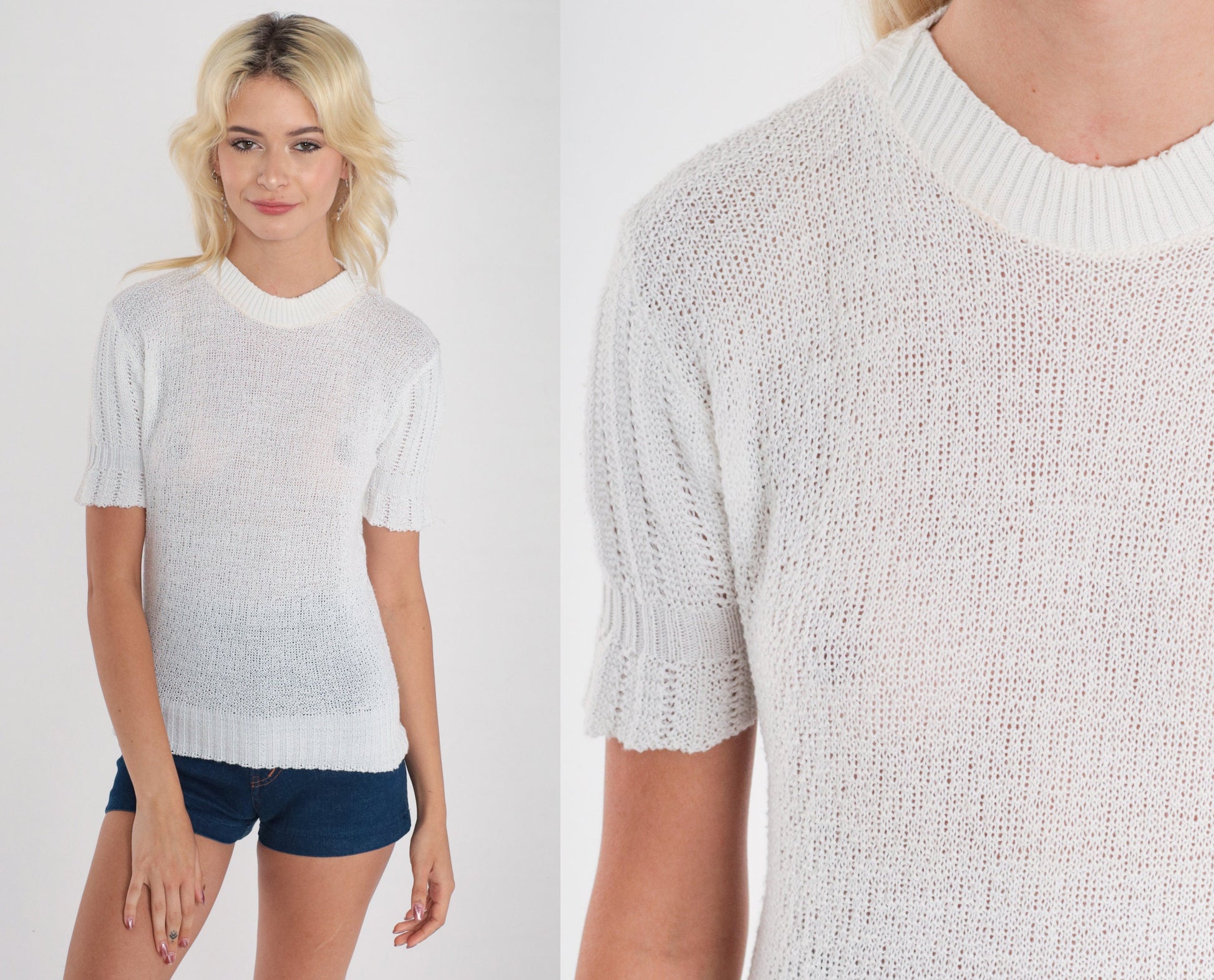 70s White Pointelle Knit Top Short Sleeve Cutout Blouse Extra Small XS