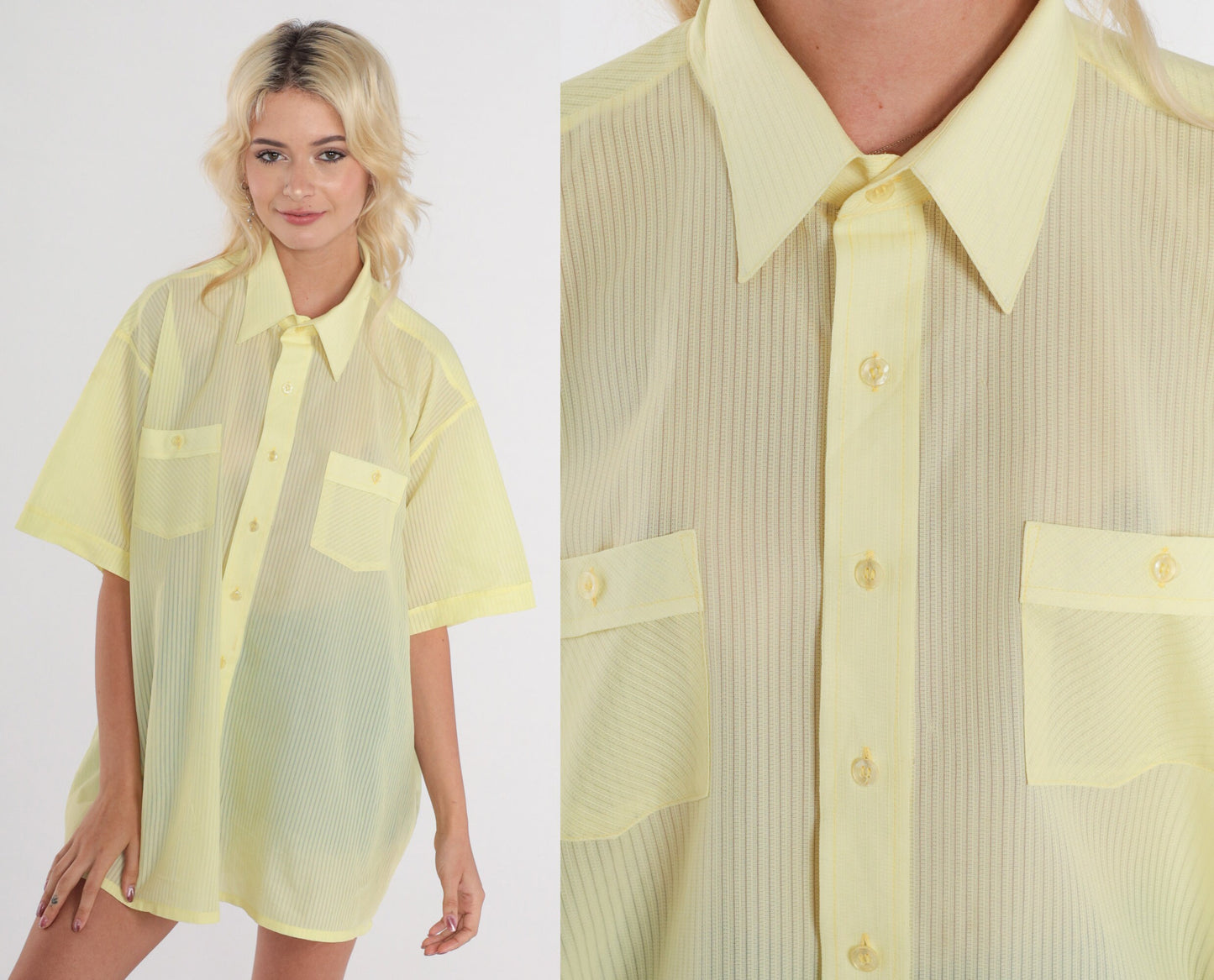 70s Yellow Striped Button-Up Shirt Semi-Sheer Short Sleeve Mens XXL