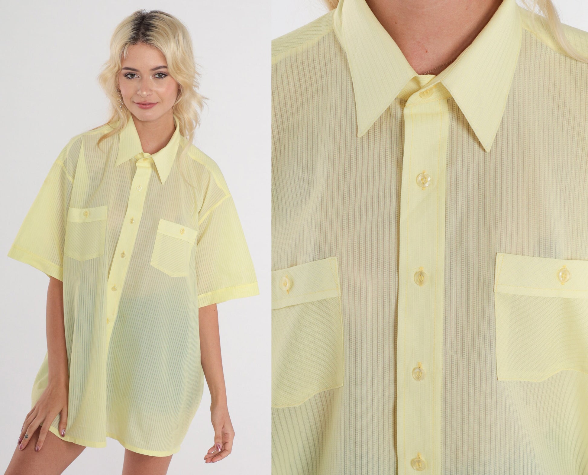 70s Yellow Striped Button-Up Shirt Semi-Sheer Short Sleeve Mens XXL