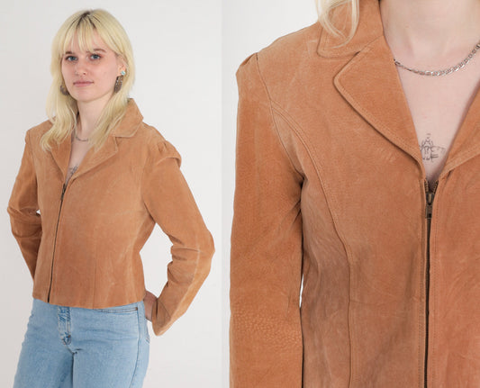 90s Tan Suede Zip Jacket Moto Blazer Leather Small