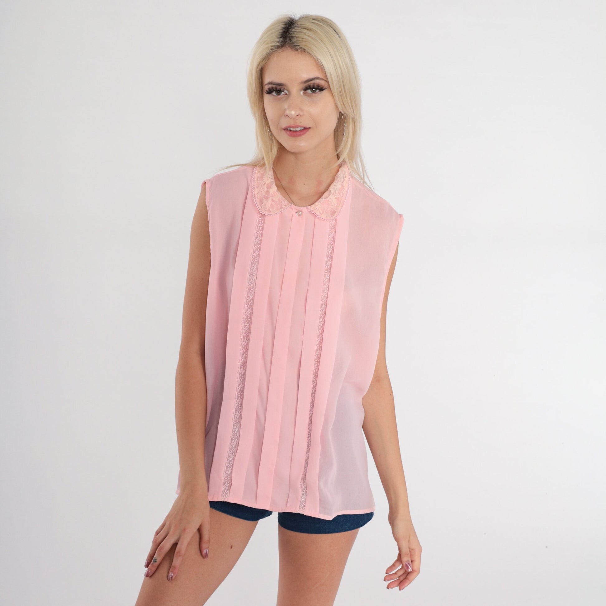 80s Baby Pink Lace Peter Pan Collar Sleeveless Button-Up Blouse Medium