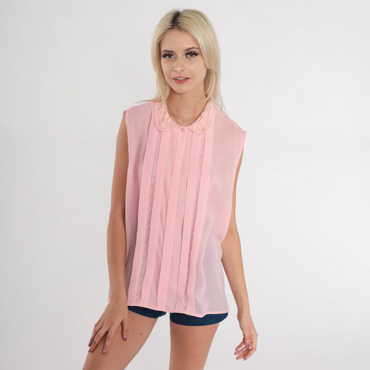 80s Baby Pink Lace Peter Pan Collar Sleeveless Button-Up Blouse Medium