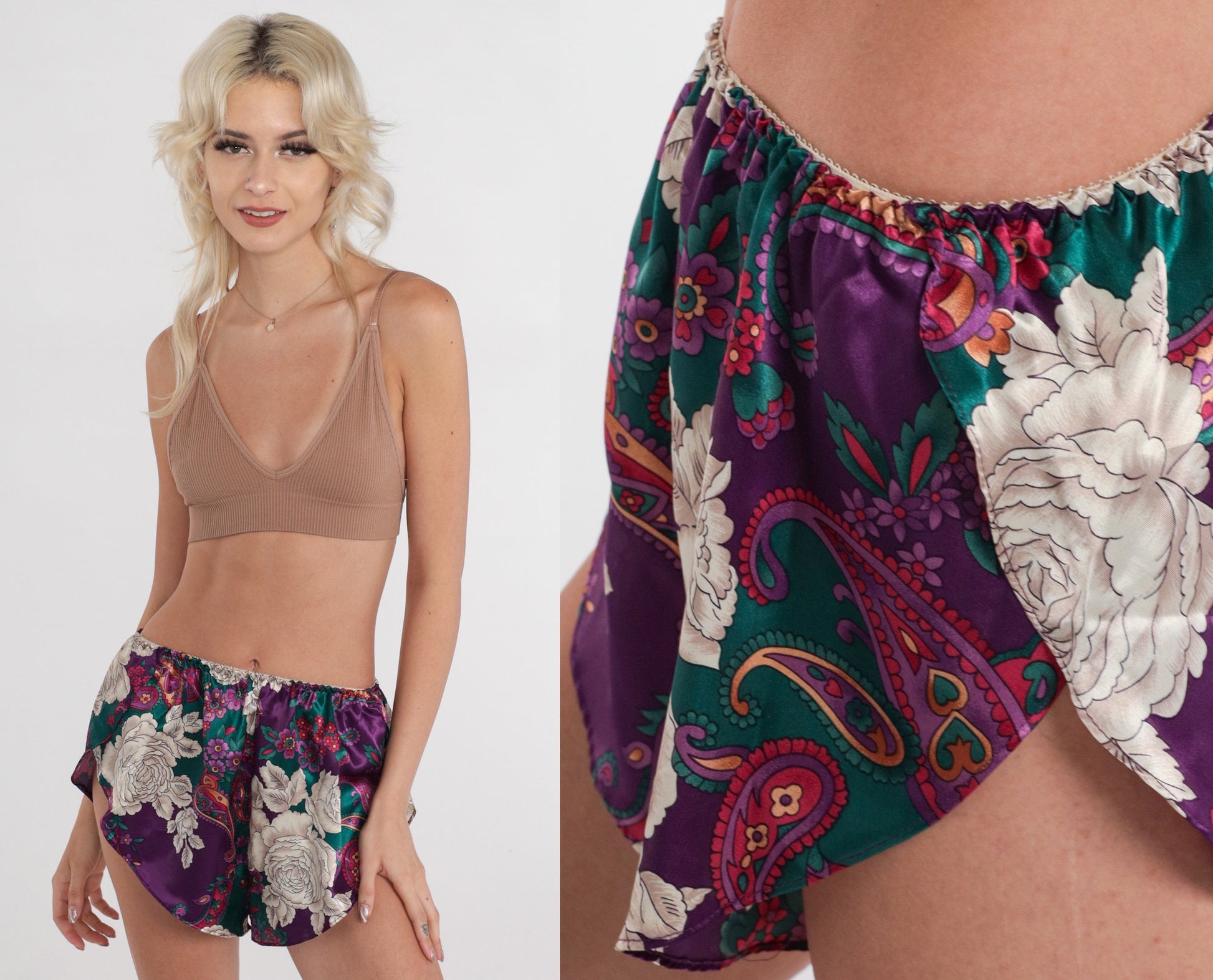 90s Paisley Floral Tap Shorts Satin Dolphin Cut Sleep Shorts Small
