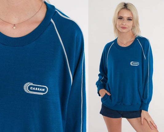 80s Carsan Graphic Sweatshirt Blue Raglan Crewneck Medium