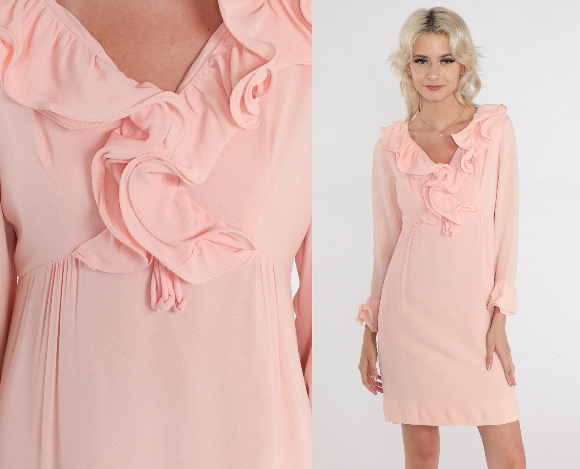 70s Pink Babydoll Mini Dress Empire Waist Ruffled Long Sleeve Medium M