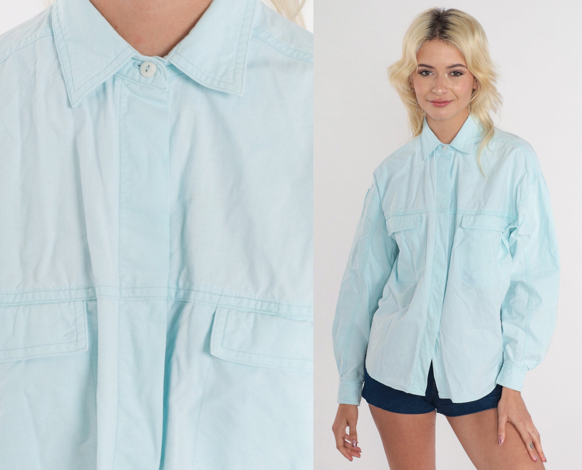 90s Light Blue Cotton Oxford Button-Up Shirt Long Sleeve Medium