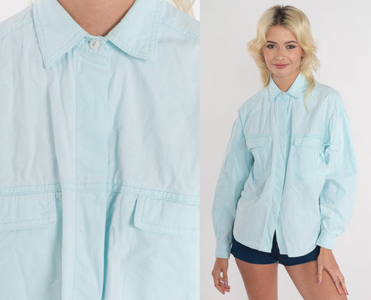 90s Light Blue Cotton Oxford Button-Up Shirt Long Sleeve Medium