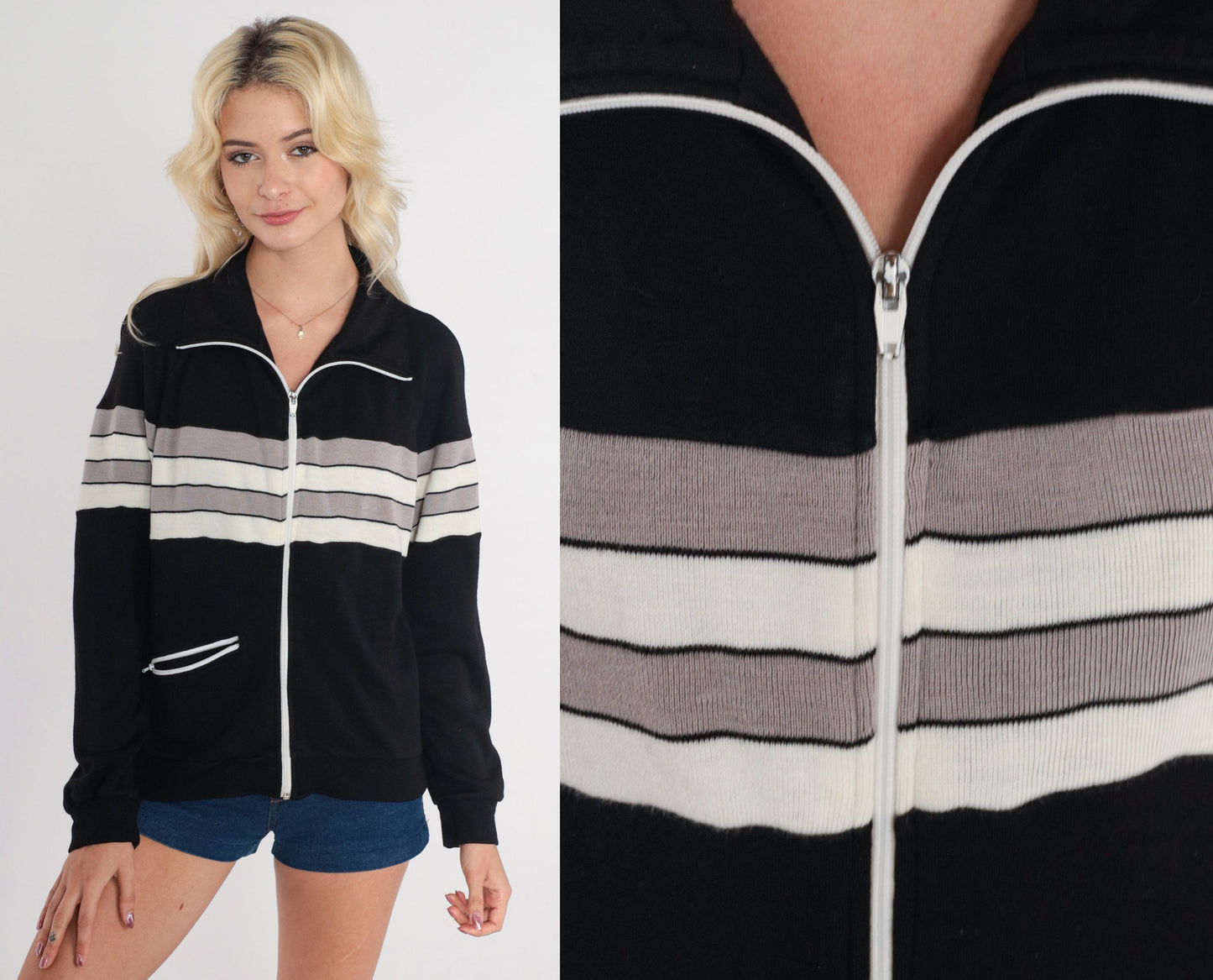 80s Black Track Jacket Striped Zip-Up Taupe White Medium