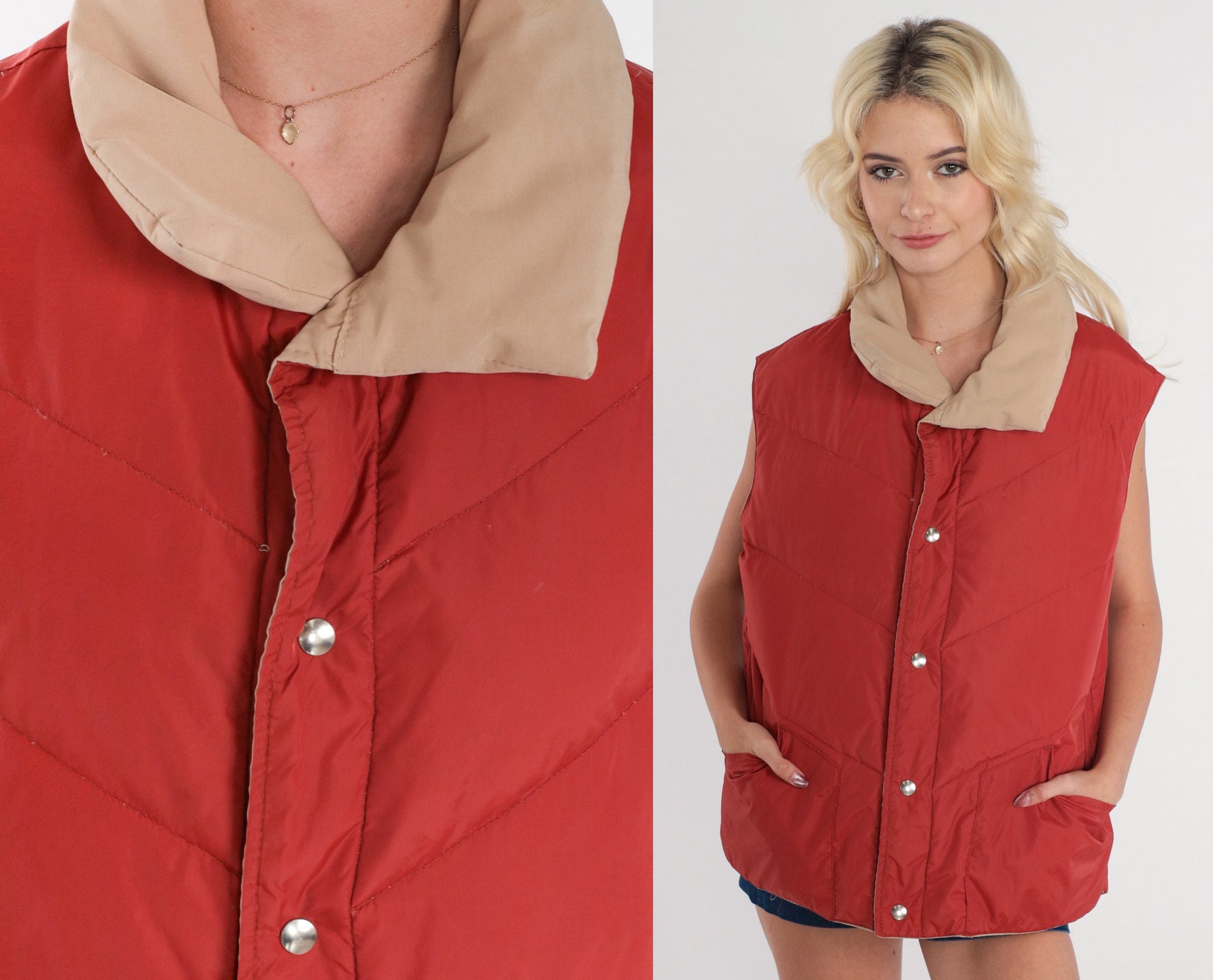 70s Reversible Puffer Vest Rust Brown Tan Down Nylon Snap Sleeveless Large