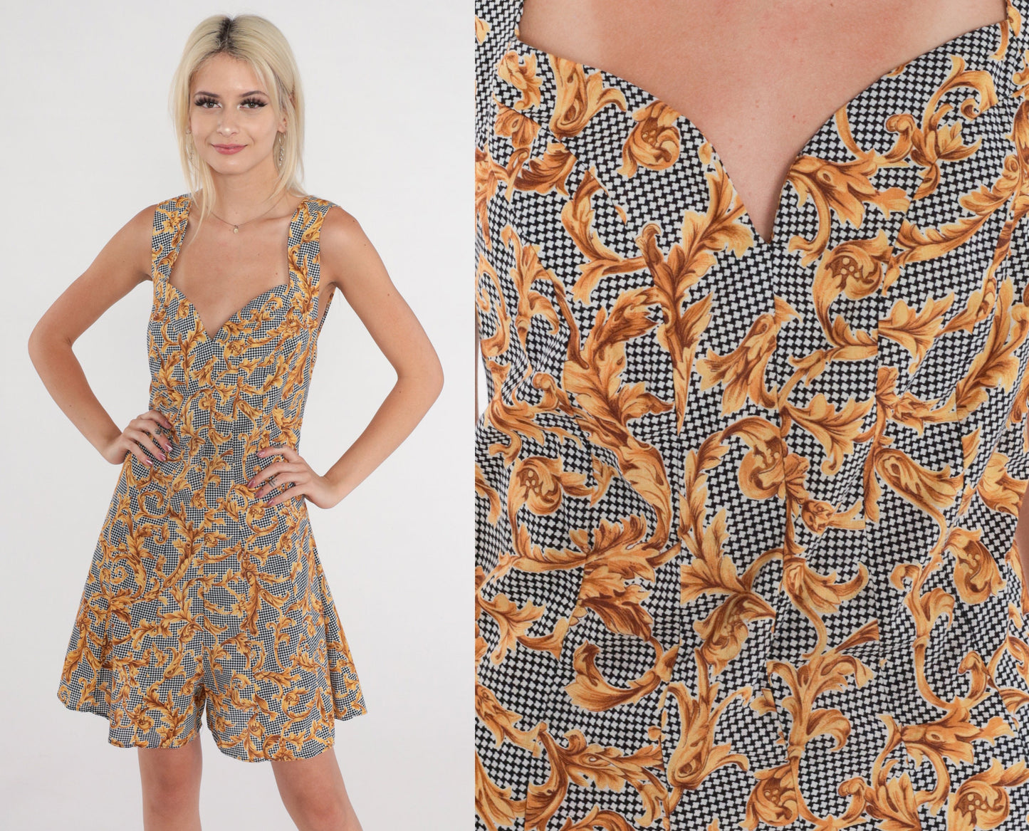 90s Houndstooth Baroque Romper Sweetheart Neckline Wide Leg Medium