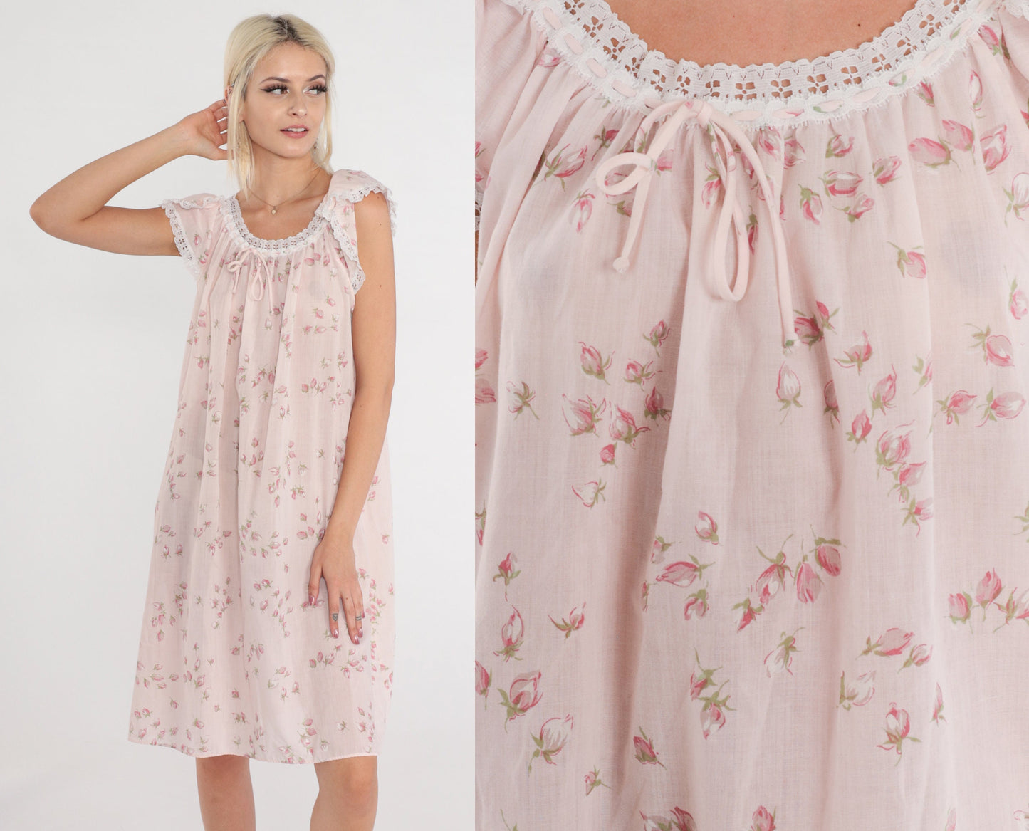 80s Floral Shift Dress Baby Pink Tulip Sleeve Lace Trim Midi Medium
